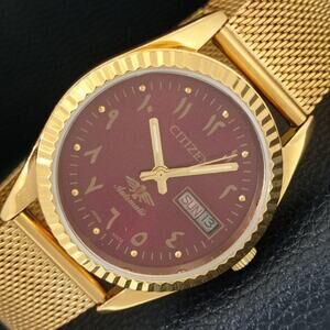 Vintage 1990 Citizen Automatic Mens Gold Watch W/daydate & Arabic accents